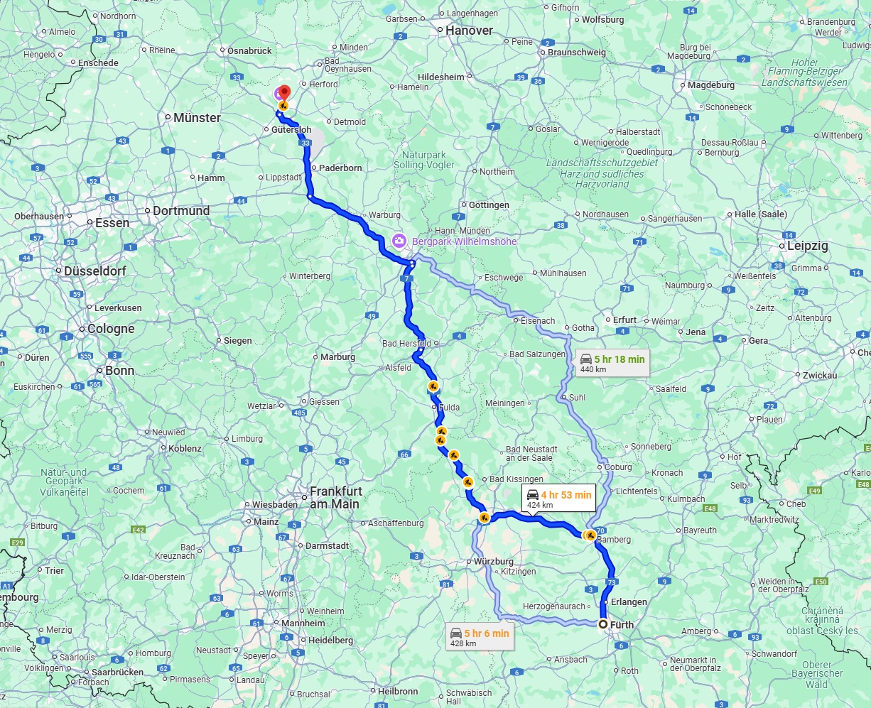 Anreise von Fürth Zu Bielefeld Über via A7