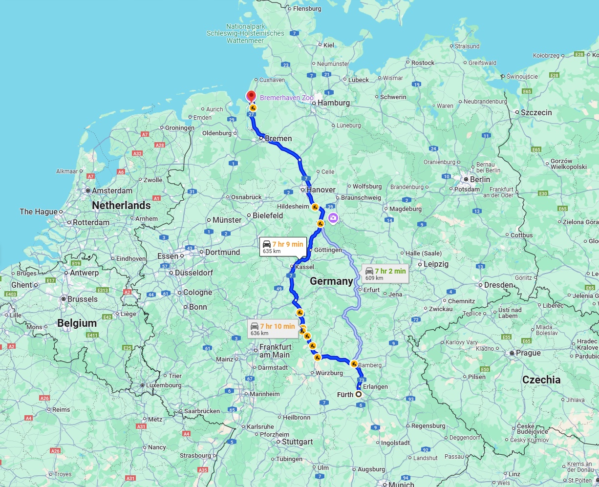 Anreise von Fürth Zu Bremerhaven Über via A7
