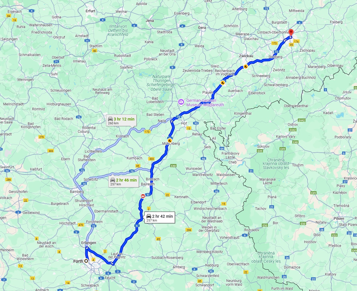 Anreise von Fürth Zu Chemnitz Über via A9 and A72