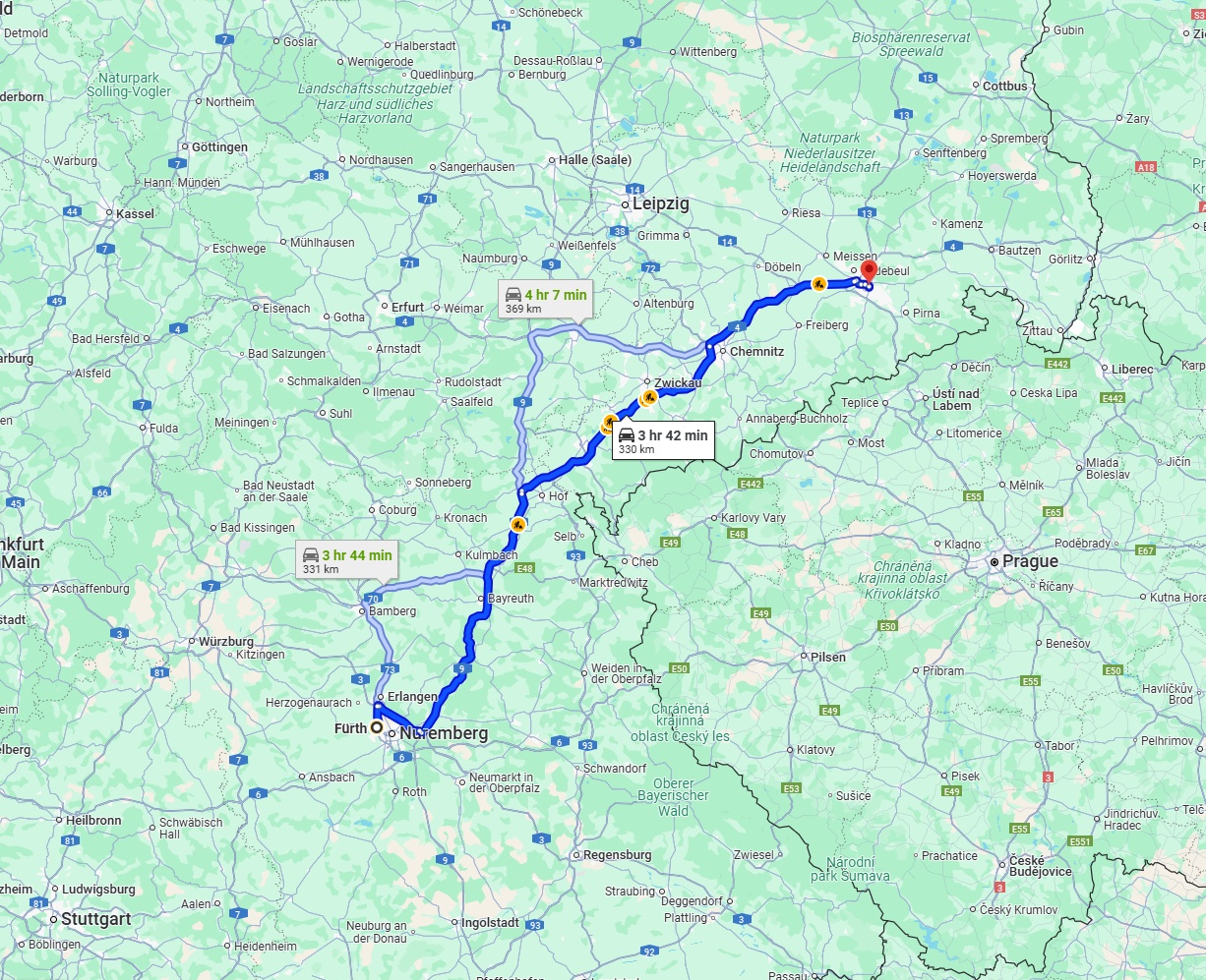 Anreise von Fürth Zu Dresden Über via A9 and A72