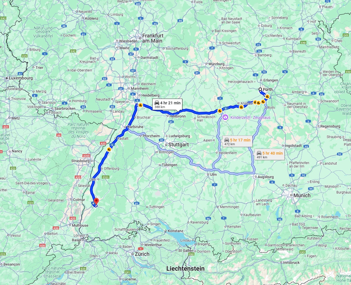 Anreise von Fürth Zu Freiburg im Breisgau Über via A6 and A5