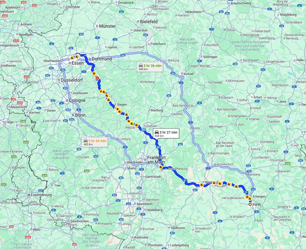 Anreise von Fürth Zu Gelsenkirchen Über via A3 and A45