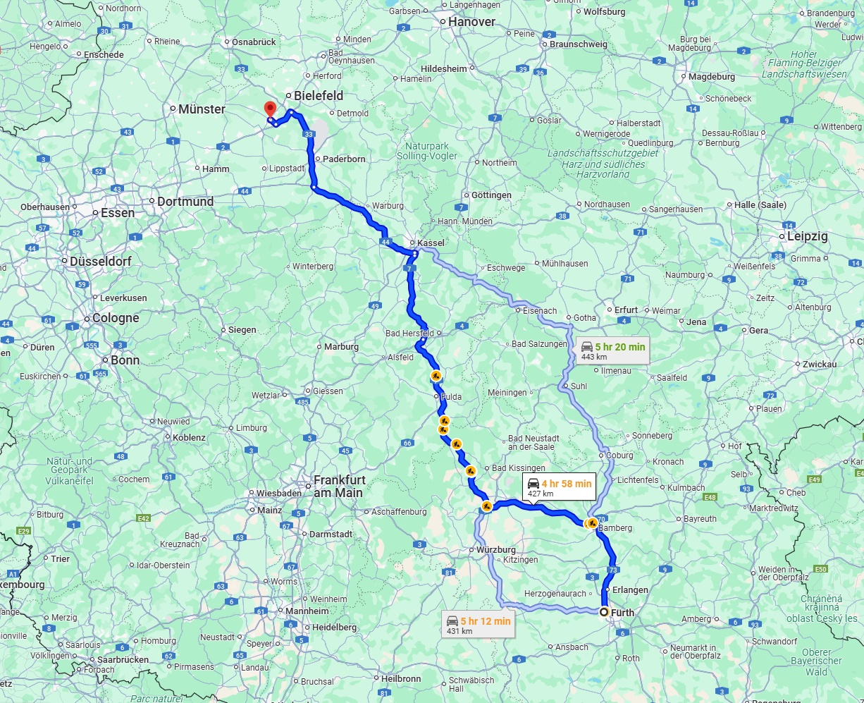Anreise von Fürth Zu Gütersloh Über via A7
