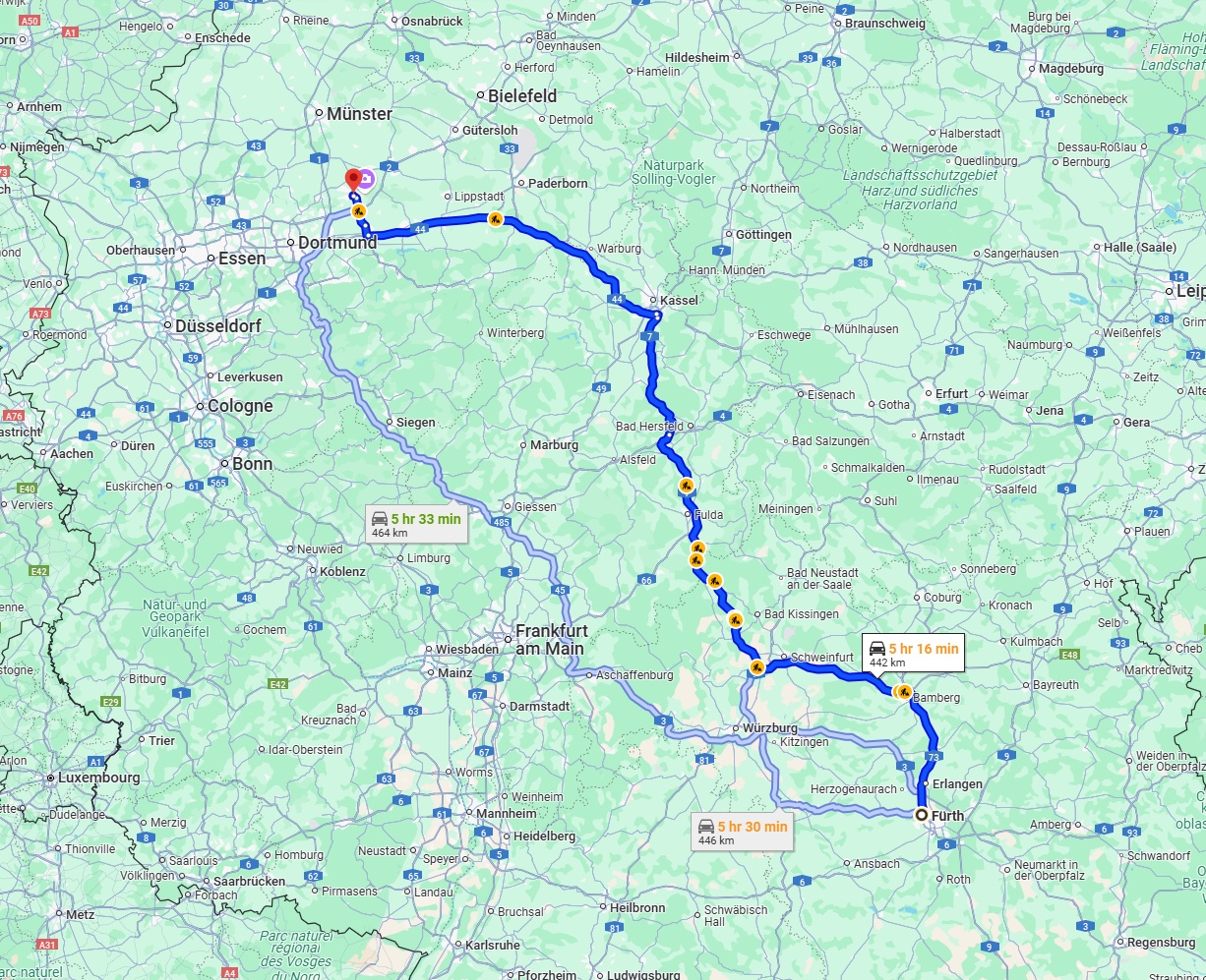 Anreise von Fürth Zu Hamm Über via A7 and A44