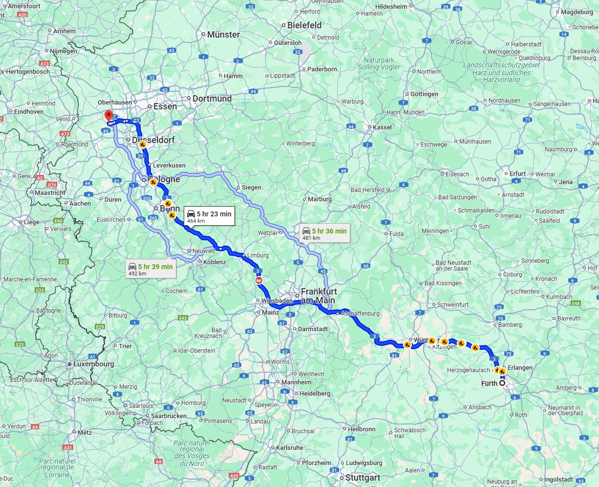 Anreise von Fürth Zu Krefeld Über via A3