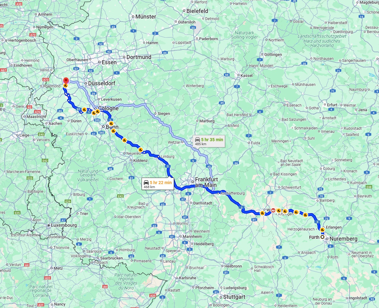 Anreise von Fürth Zu Mönchengladbach Über via A3
