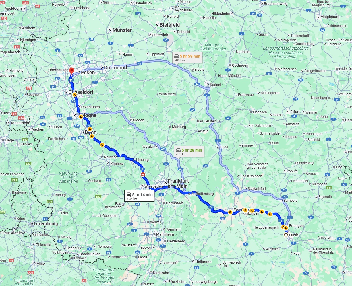 Anreise von Fürth Zu Mülheim an der Ruhr Über via A3