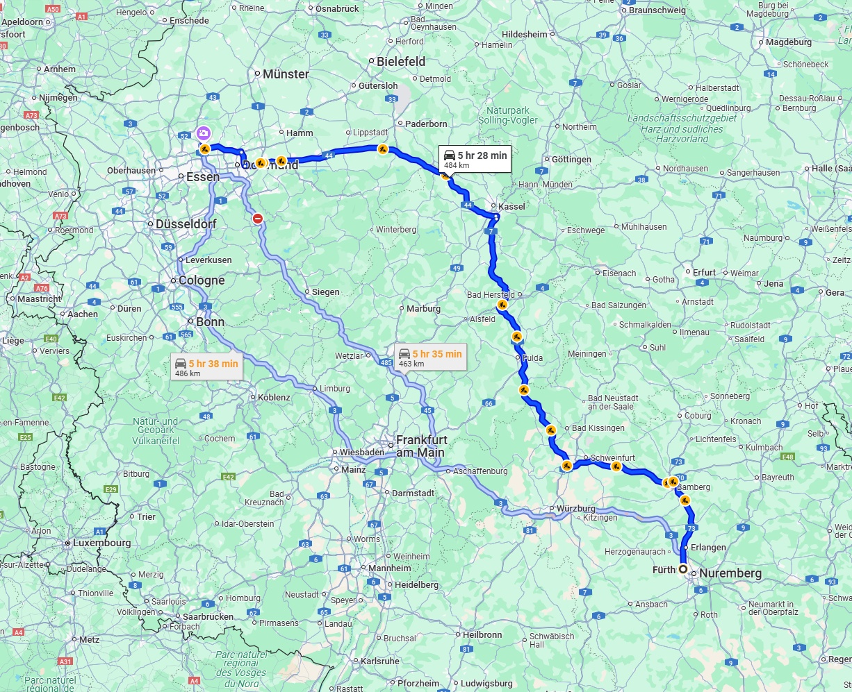 Anreise von Fürth Zu Recklinghausen Über via A7 and A44