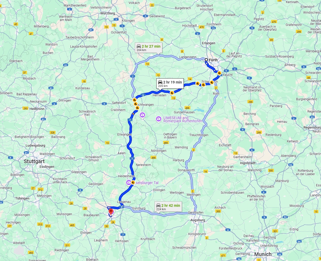 Anreise von Fürth Zu Ulm Über via A6 and A7