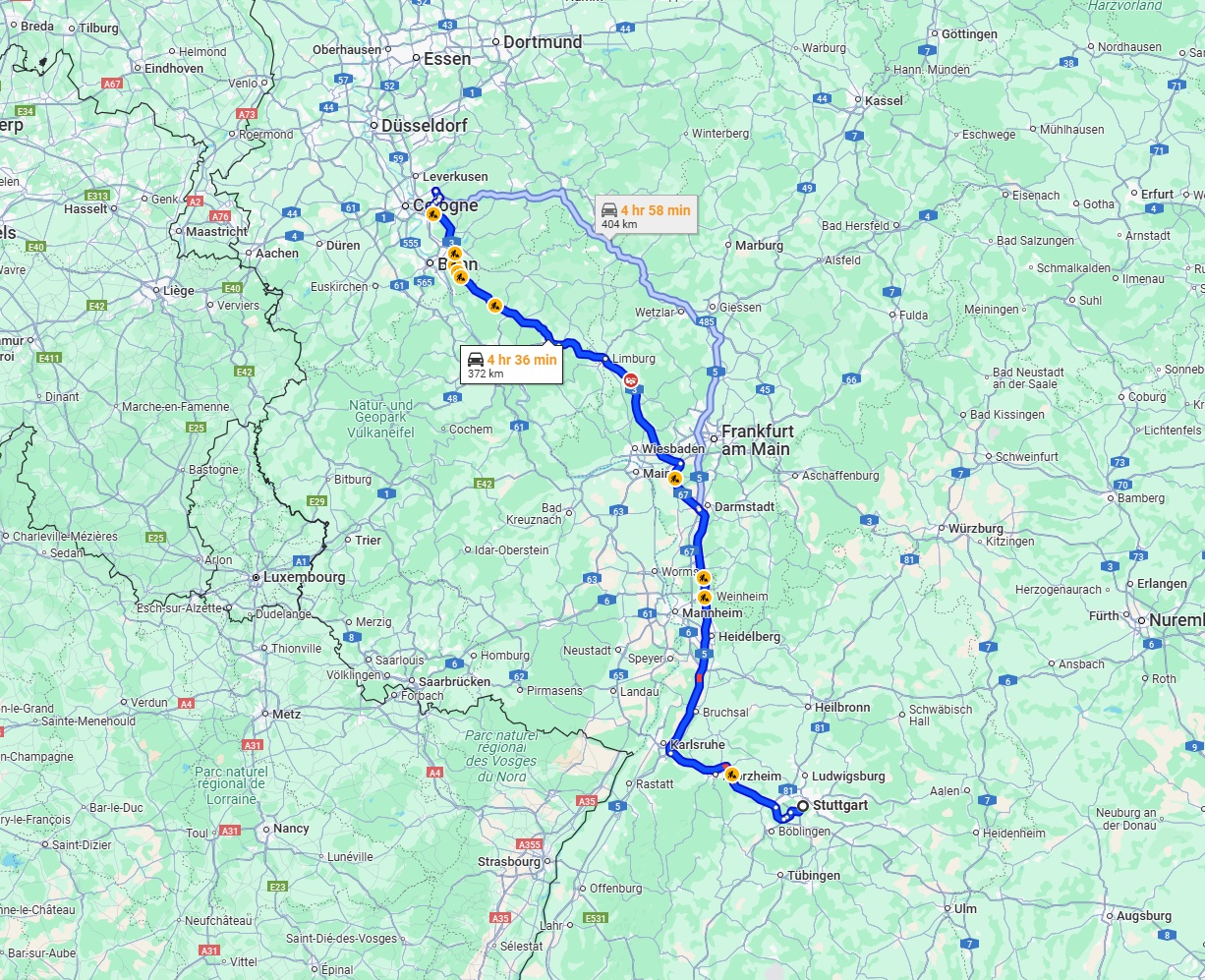 Anreise von Stuttgart Zu Bergisch Gladbach Über via A5 and A3