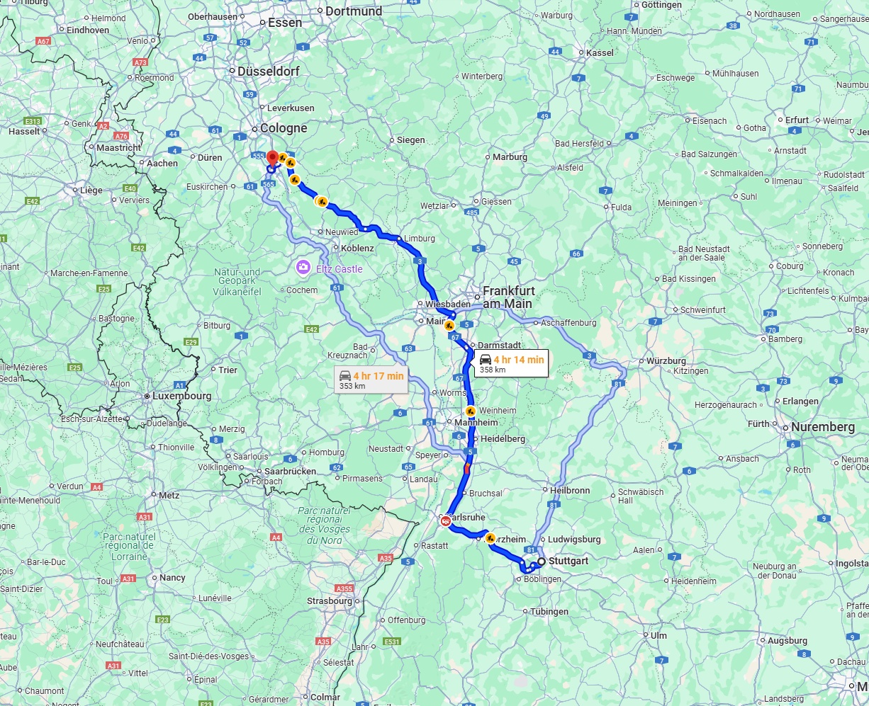 Anreise von Stuttgart Zu Bonn Über via A5 and A3