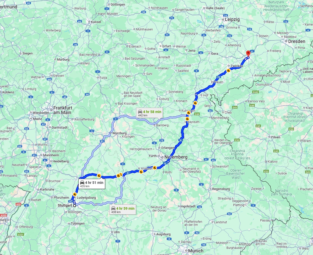 Anreise von Stuttgart Zu Chemnitz Über via A6 and A9