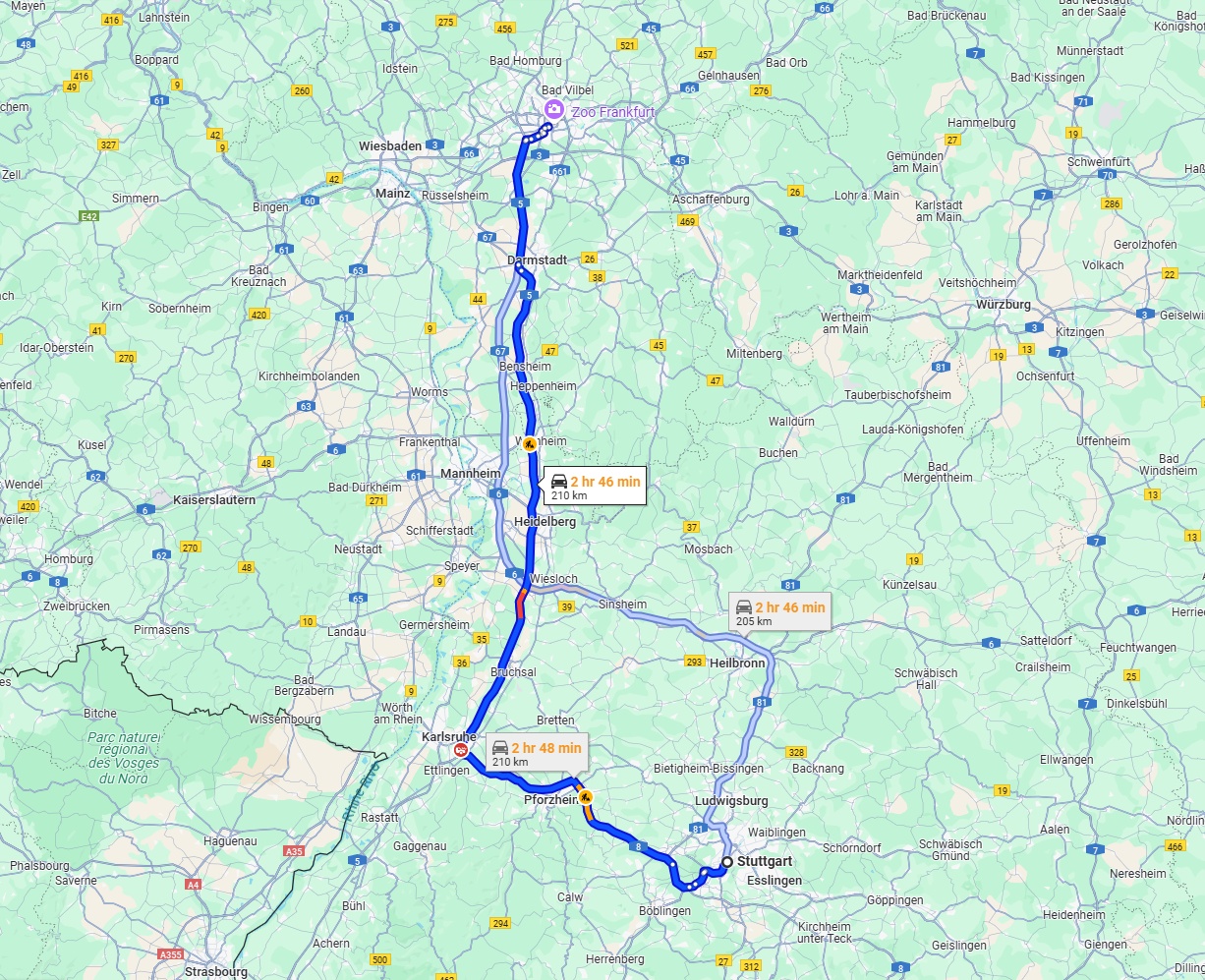 Anreise von Stuttgart Zu Frankfurt am Main Über via A8 and A5