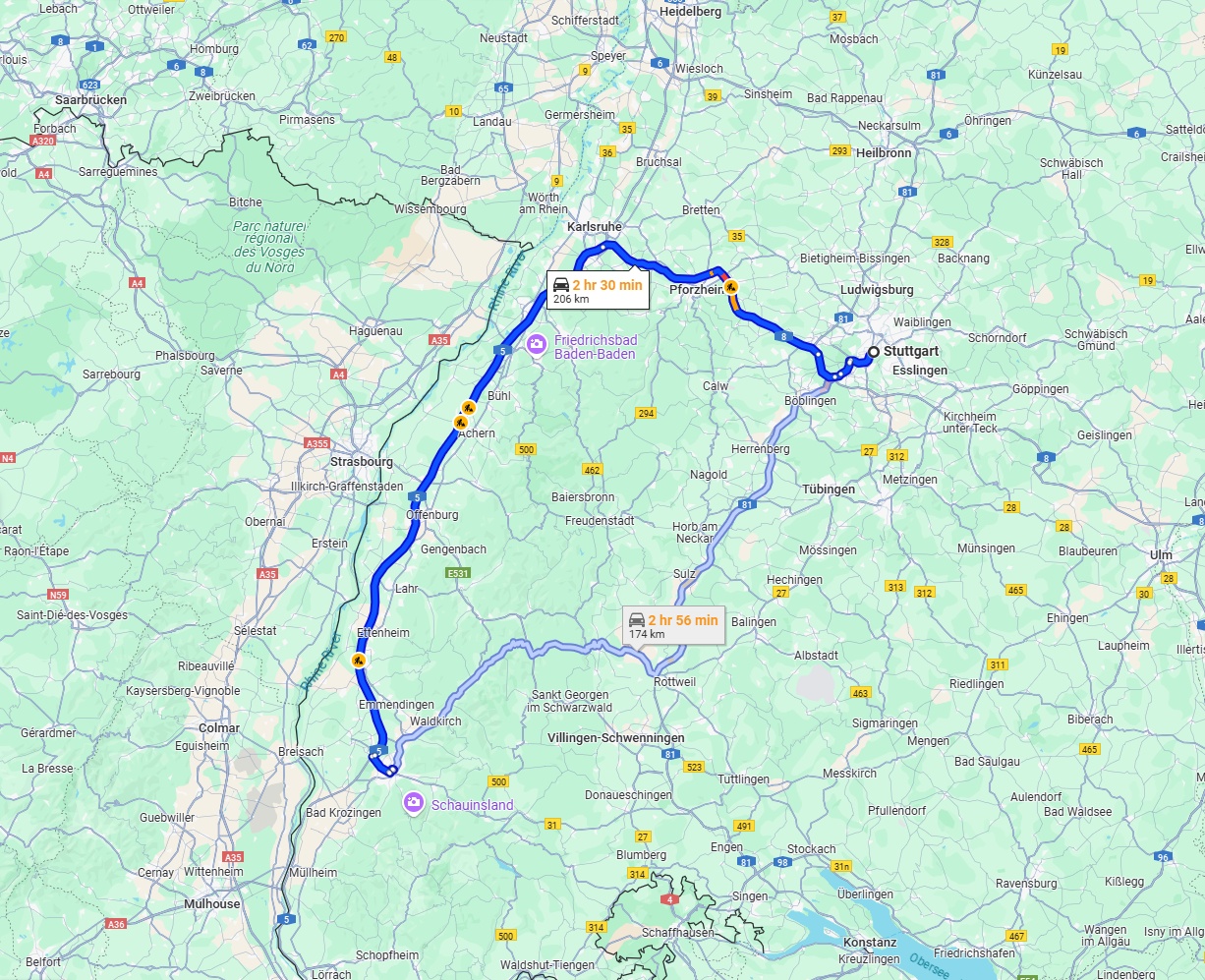 Anreise von Stuttgart Zu Freiburg im Breisgau Über via A8 and A5