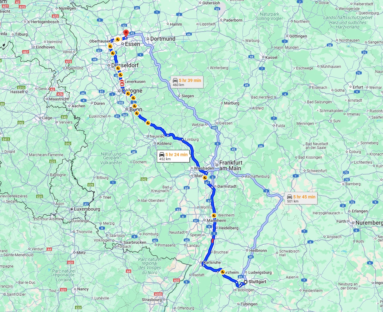 Anreise von Stuttgart Zu Gelsenkirchen Über via A3