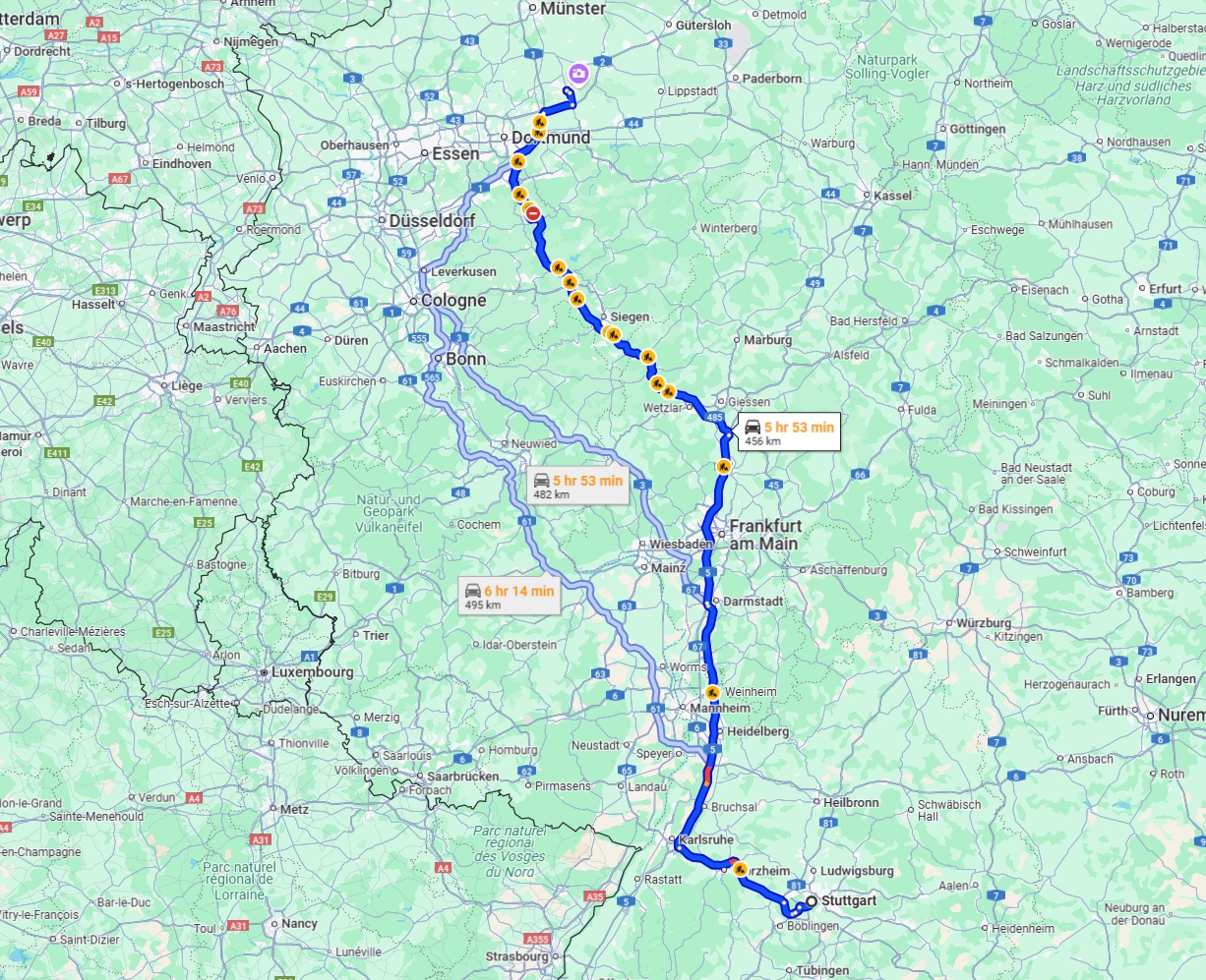 Anreise von Stuttgart Zu Hamm Über via A5 and A45