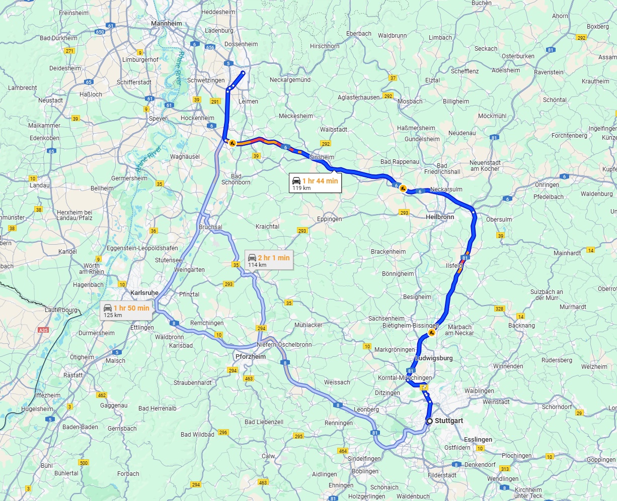 Anreise von Stuttgart Zu Heidelberg Über via A81 and A6