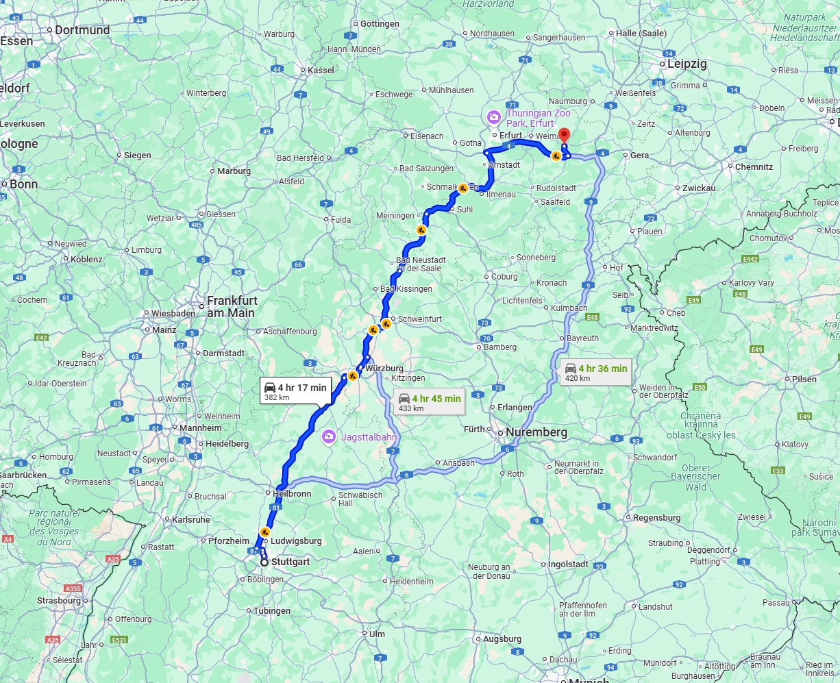 Anreise von Stuttgart Zu Jena Über via A81 and A71