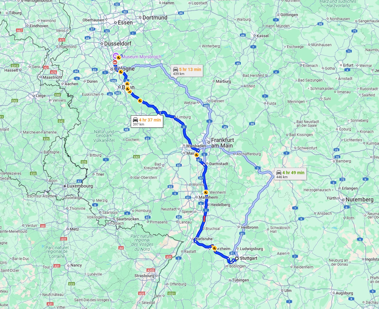 Anreise von Stuttgart Zu Leverkusen Über via A5 and A3
