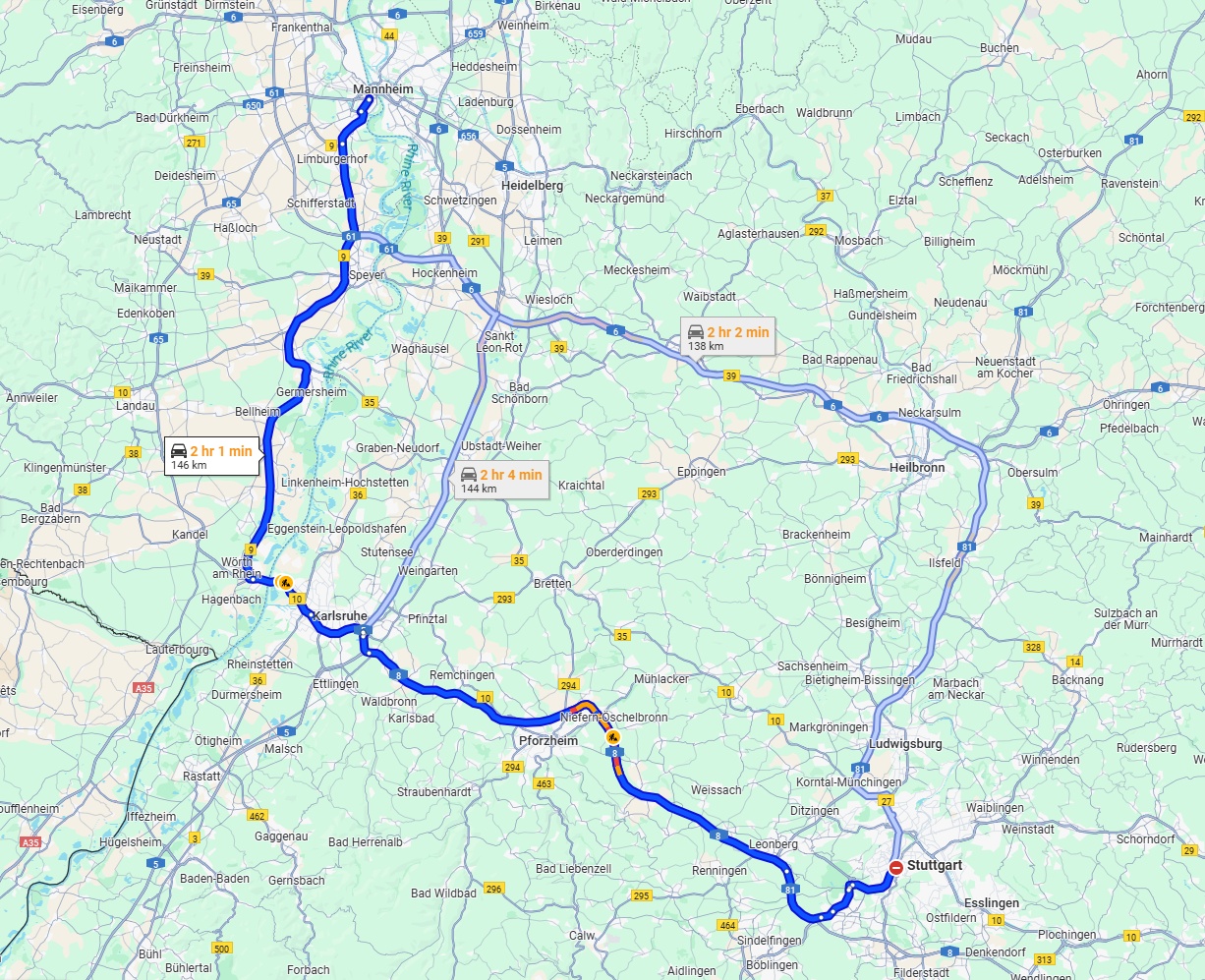 Anreise von Stuttgart Zu Ludwigshafen am Rhein Über via A8 and B9