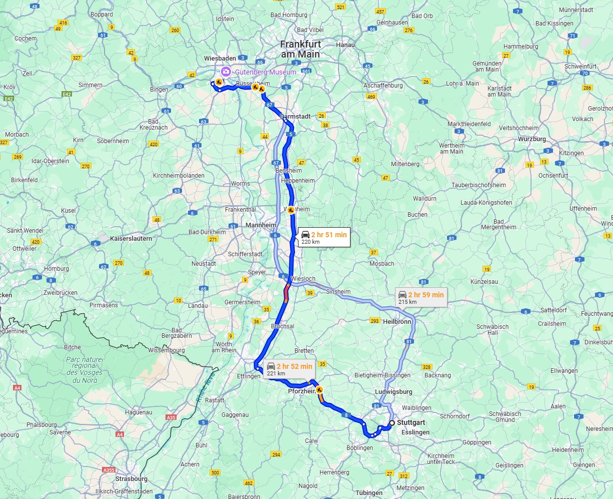 Anreise von Stuttgart Zu Mainz Über via A8 and A5