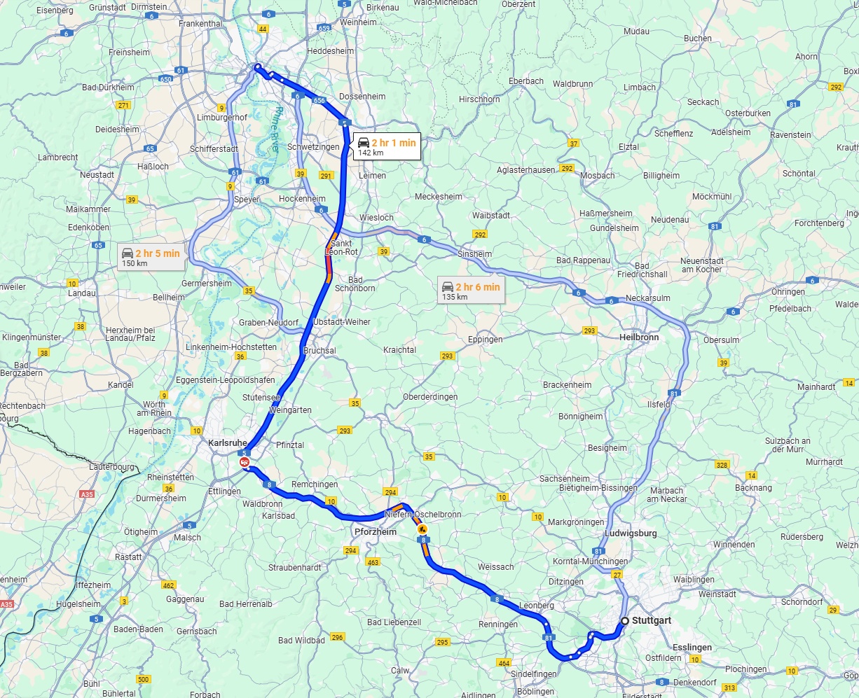 Anreise von Stuttgart Zu Mannheim Über via A8 and A5