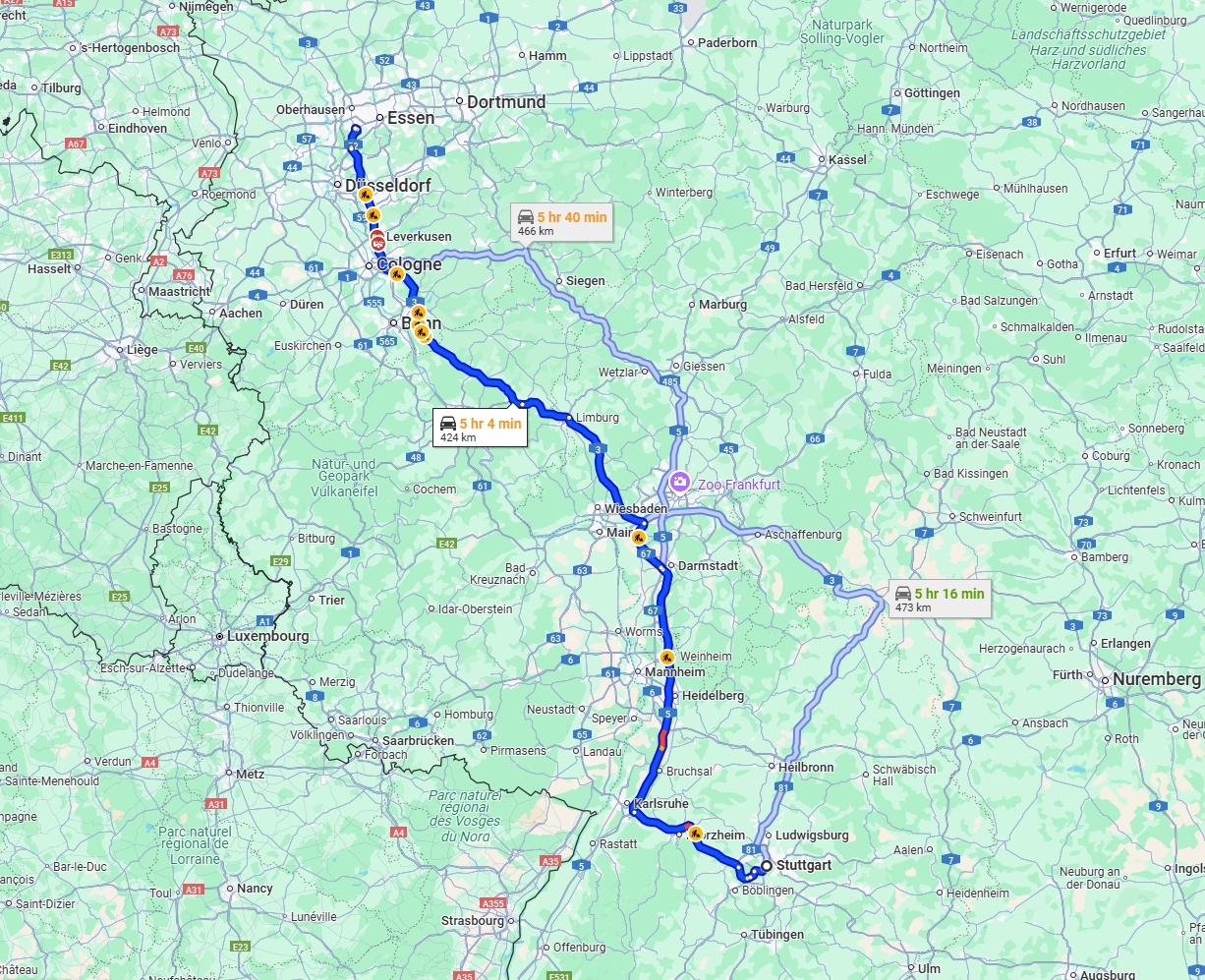 Anreise von Stuttgart Zu Mülheim an der Ruhr Über via A3