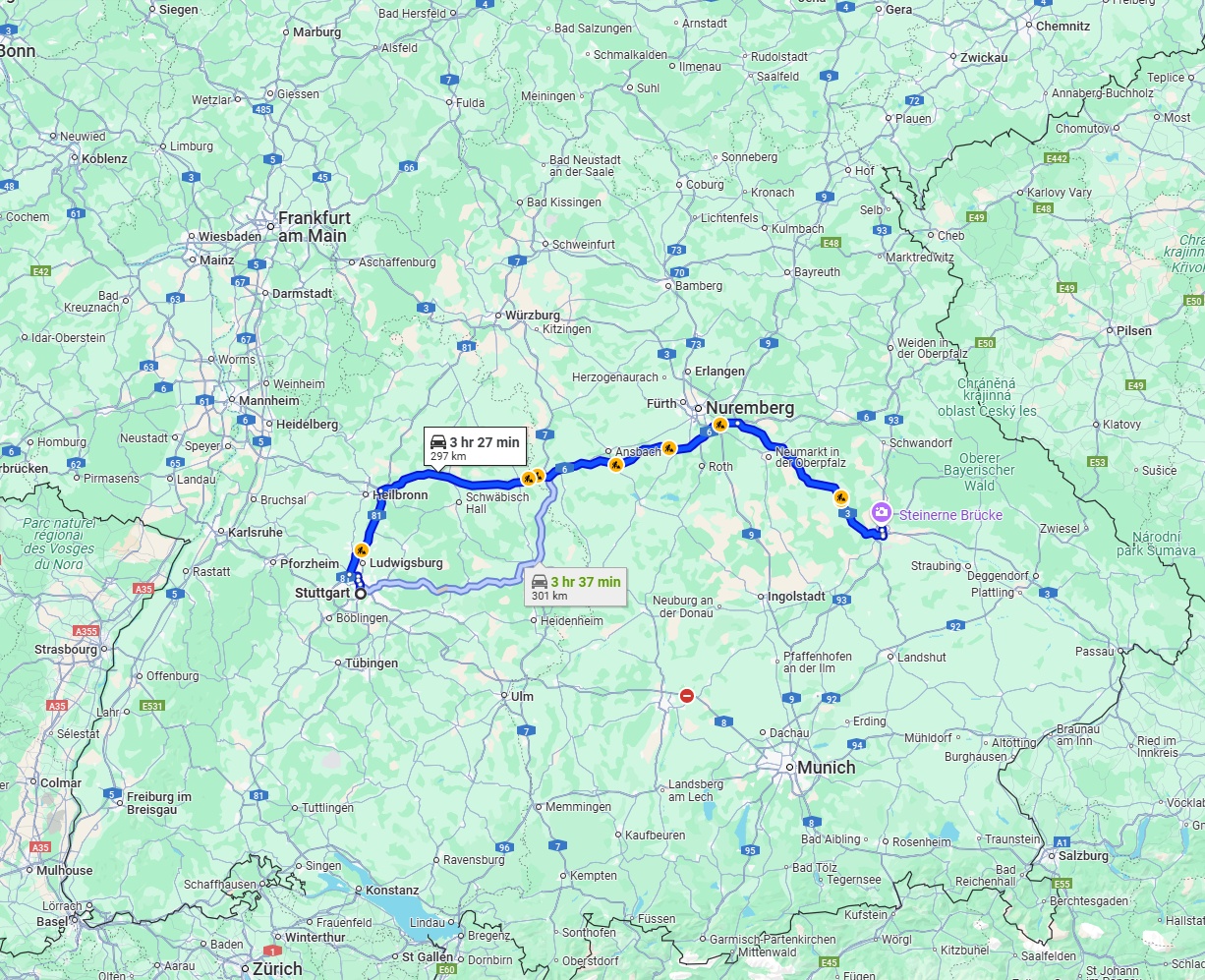 Anreise von Stuttgart Zu Regensburg Über via A6 and A3