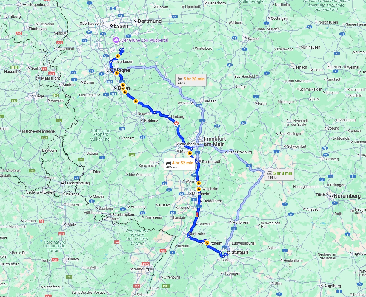Anreise von Stuttgart Zu Remscheid Über via A5 and A3
