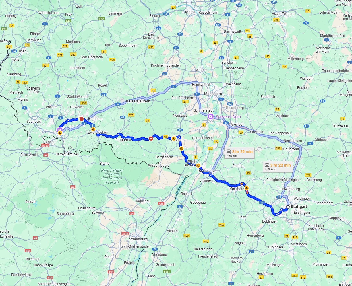 Anreise von Stuttgart Zu Saarbrücken Über via A8