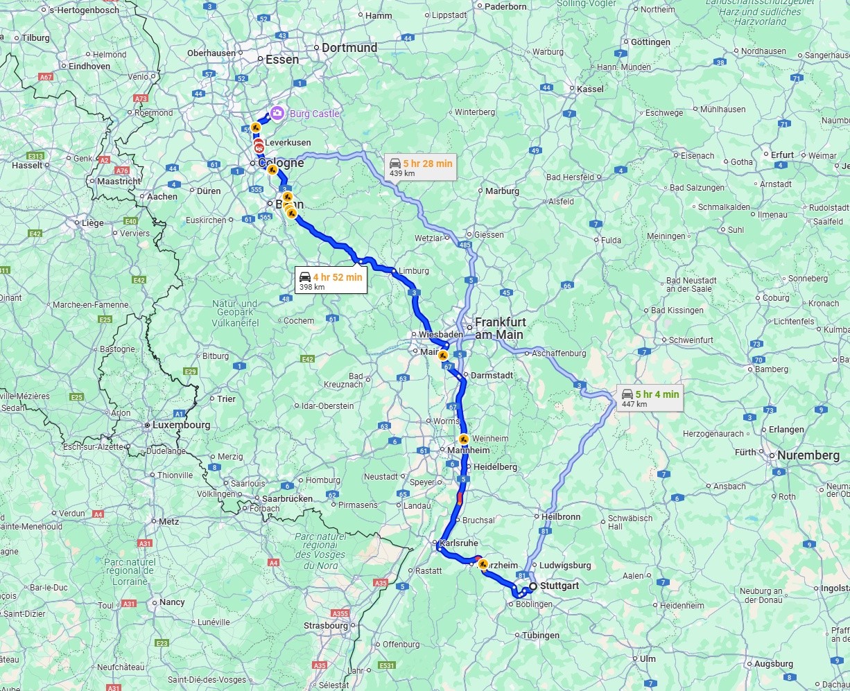 Anreise von Stuttgart Zu Solingen Über via A5 and A3