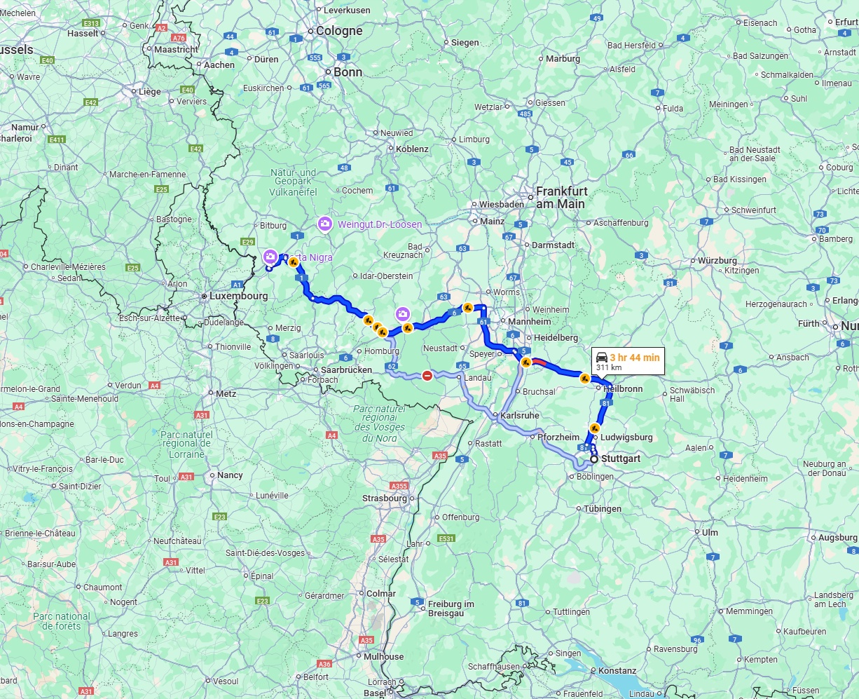 Anreise von Stuttgart Zu Trier Über via A6