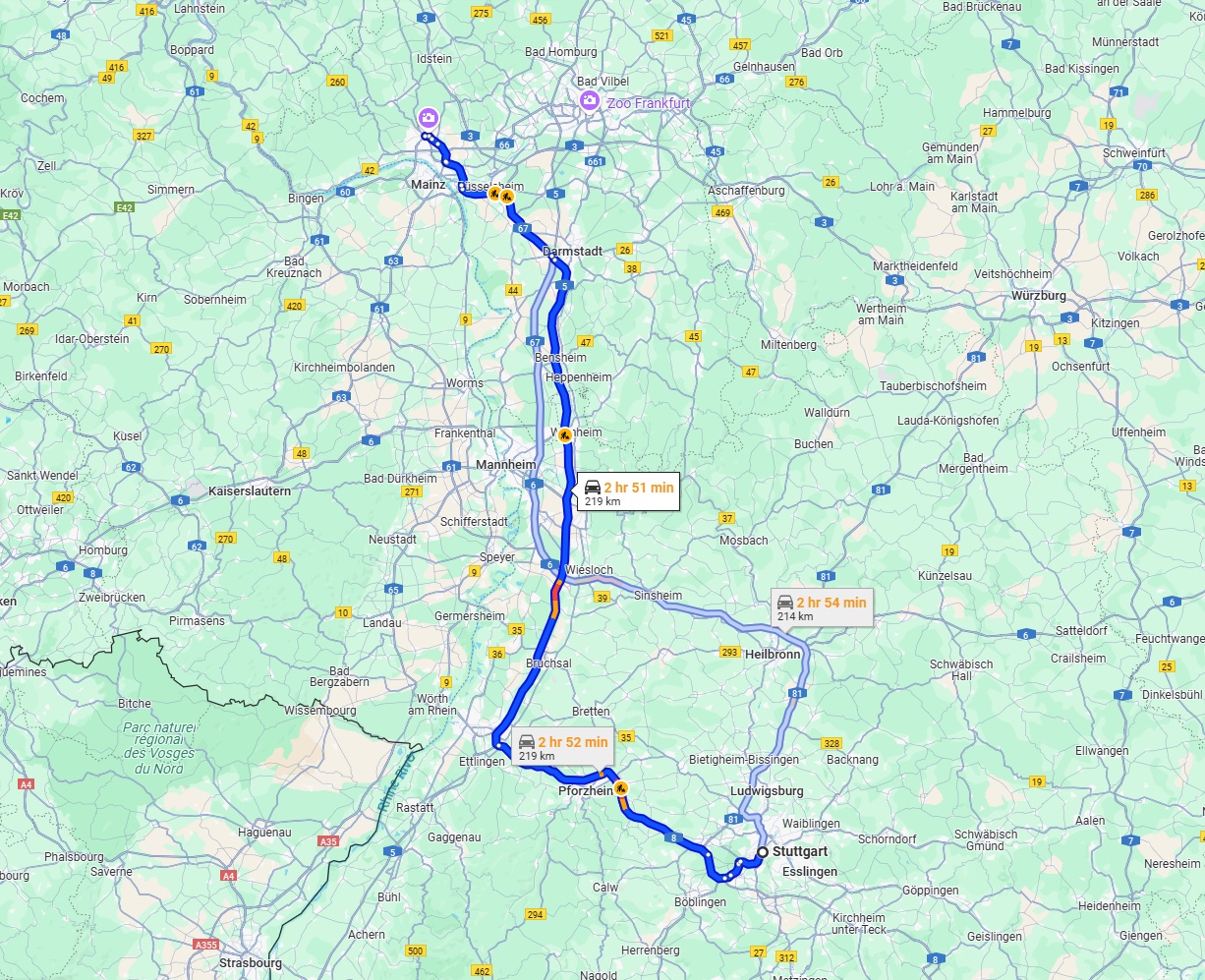 Anreise von Stuttgart Zu Wiesbaden Über via A8 and A5