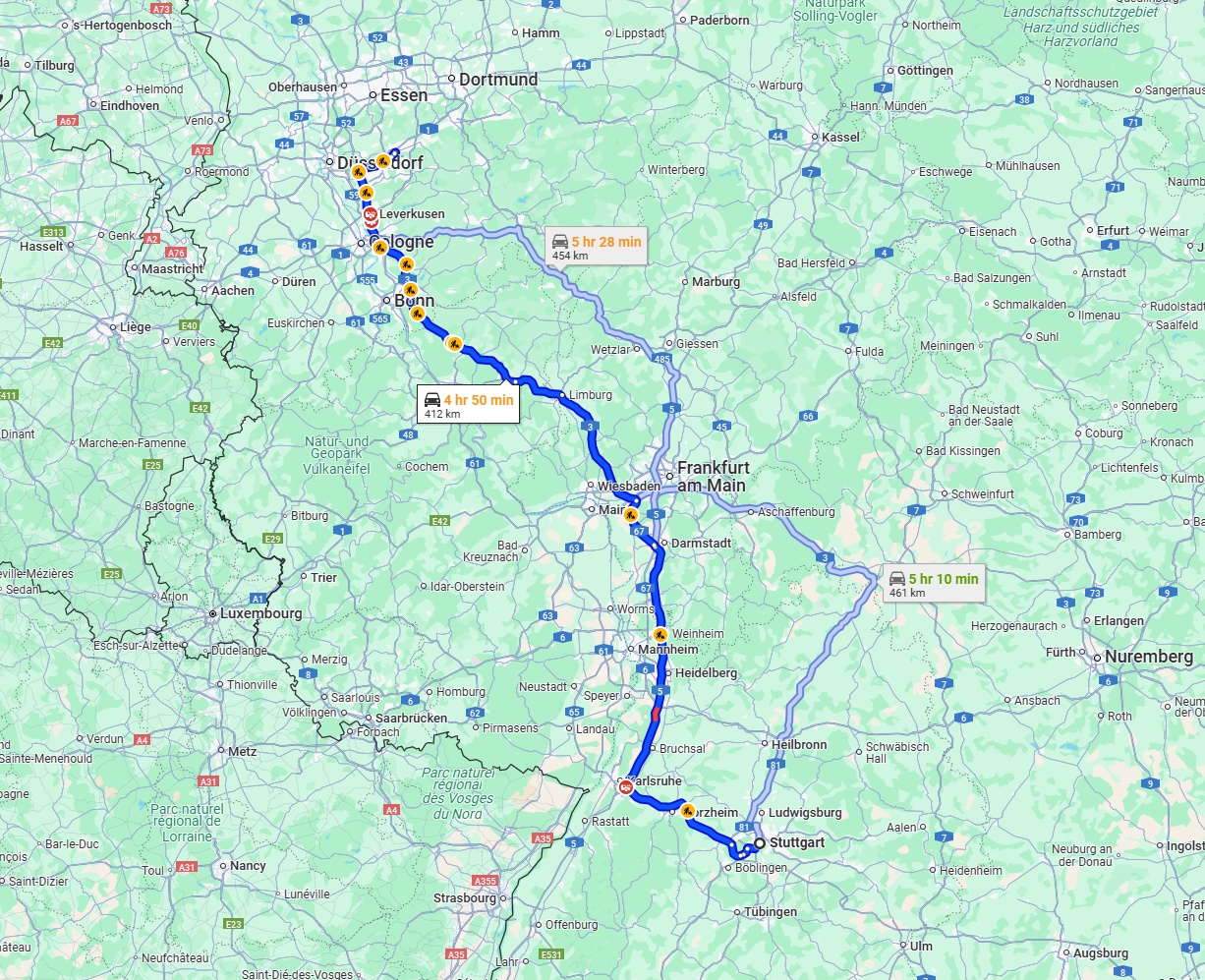 Anreise von Stuttgart Zu Wuppertal Über via A5 and A3