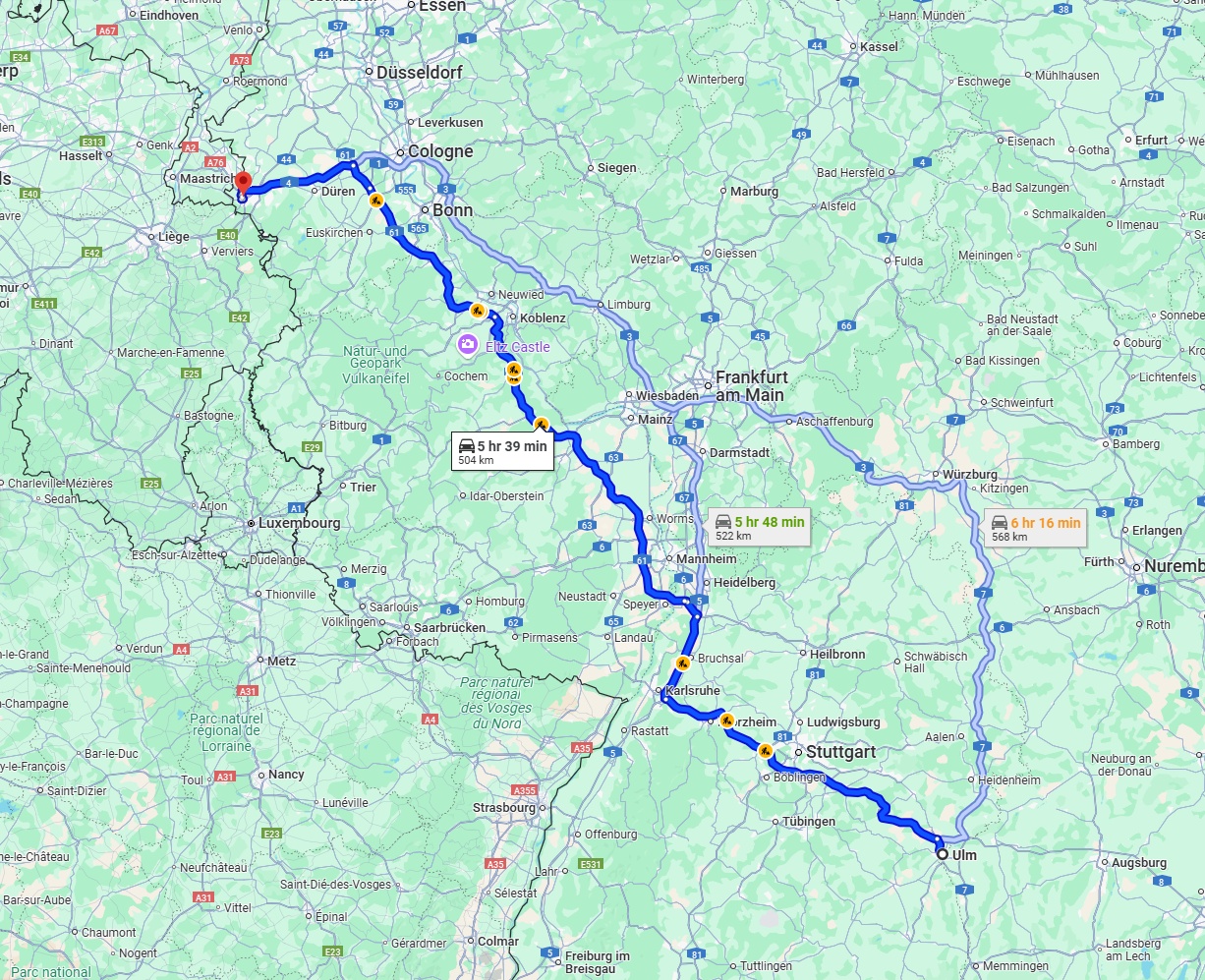 Anreise von Ulm Zu Aachen Über via A8 and A61