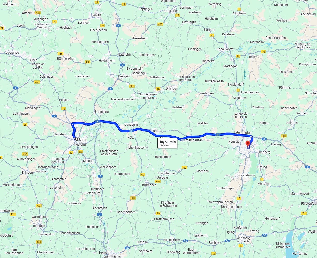 Anreise von Ulm Zu Augsburg Über via A8