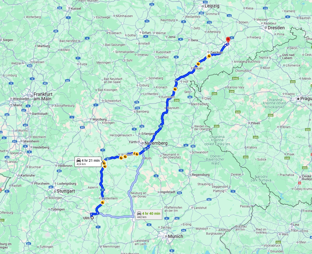 Anreise von Ulm Zu Chemnitz Über via A9