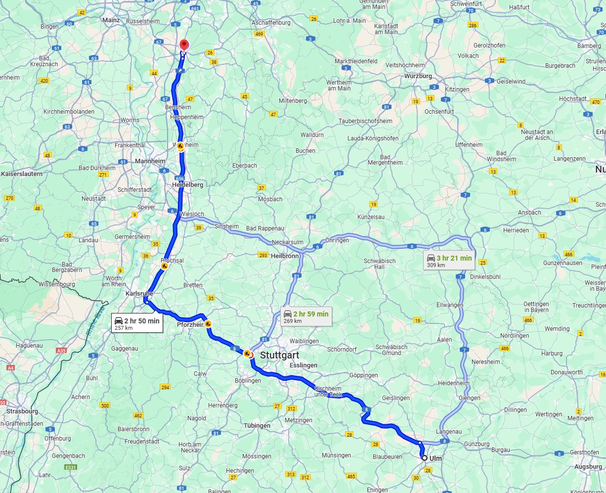 Anreise von Ulm Zu Darmstadt Über via A8 and A5