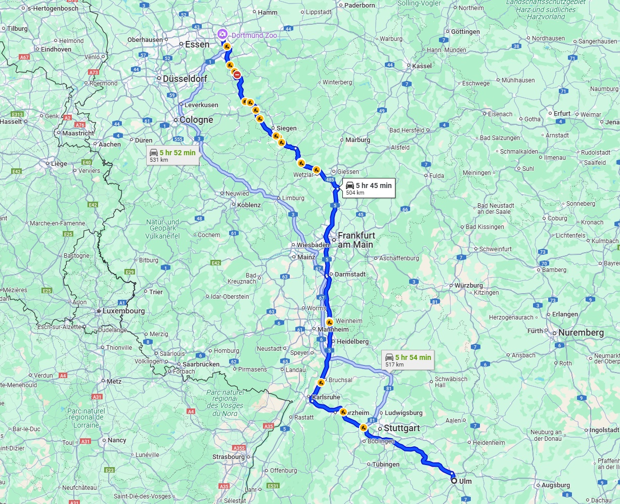 Anreise von Ulm Zu Dortmund Über via A8, A5 and A45