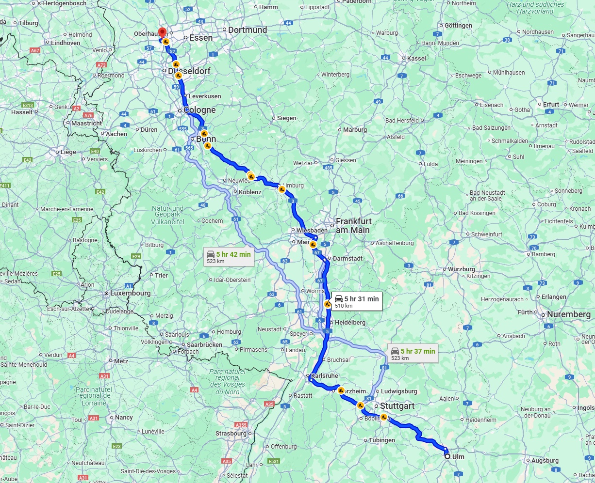 Anreise von Ulm Zu Duisburg Über via A8 and A3