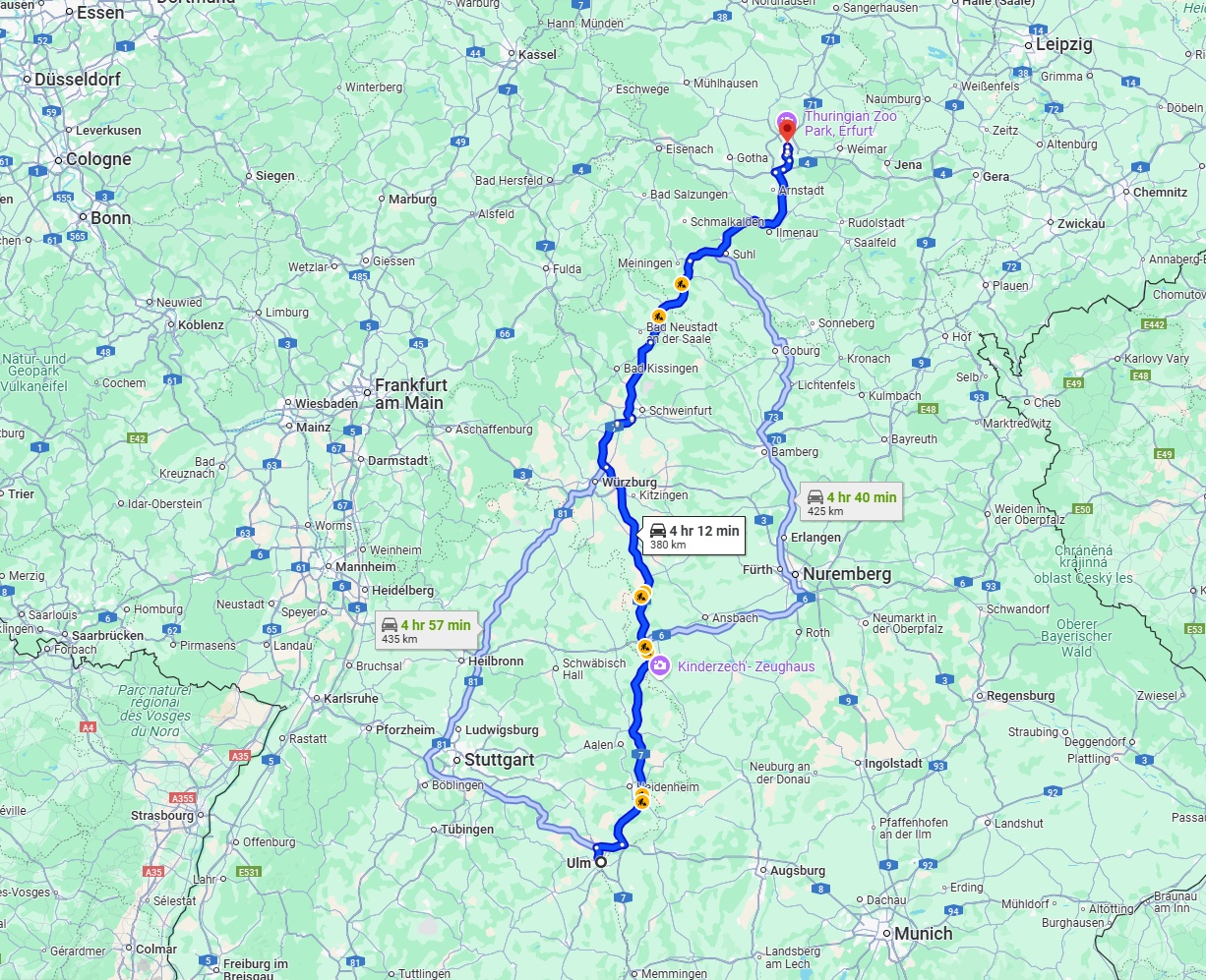 Anreise von Ulm Zu Erfurt Über via A7 and A71