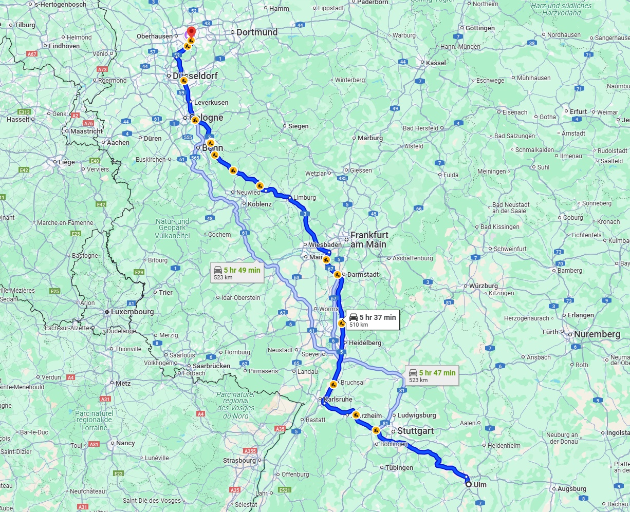 Anreise von Ulm Zu Essen Über via A8 and A3