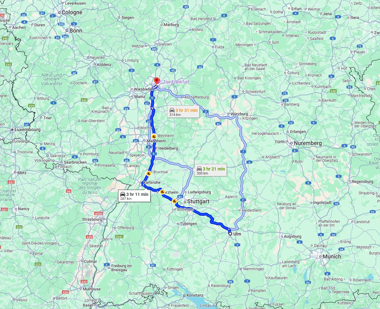 Anreise von Ulm Zu Frankfurt am Main Über via A8 and A5