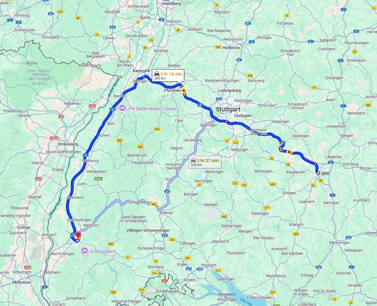 Anreise von Ulm Zu Freiburg im Breisgau Über via A8 and A5