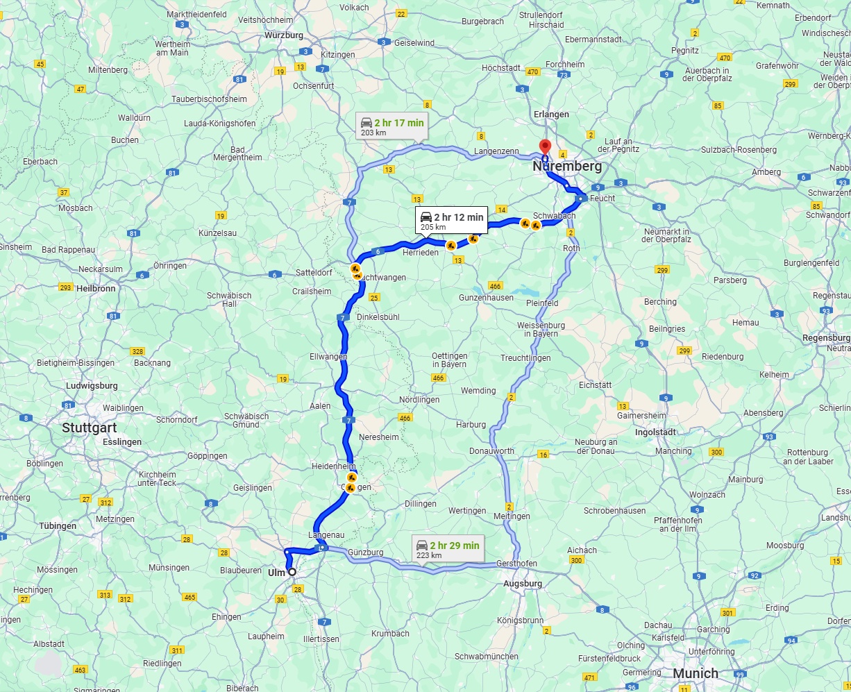 Anreise von Ulm Zu Fürth Über via A7 and A6