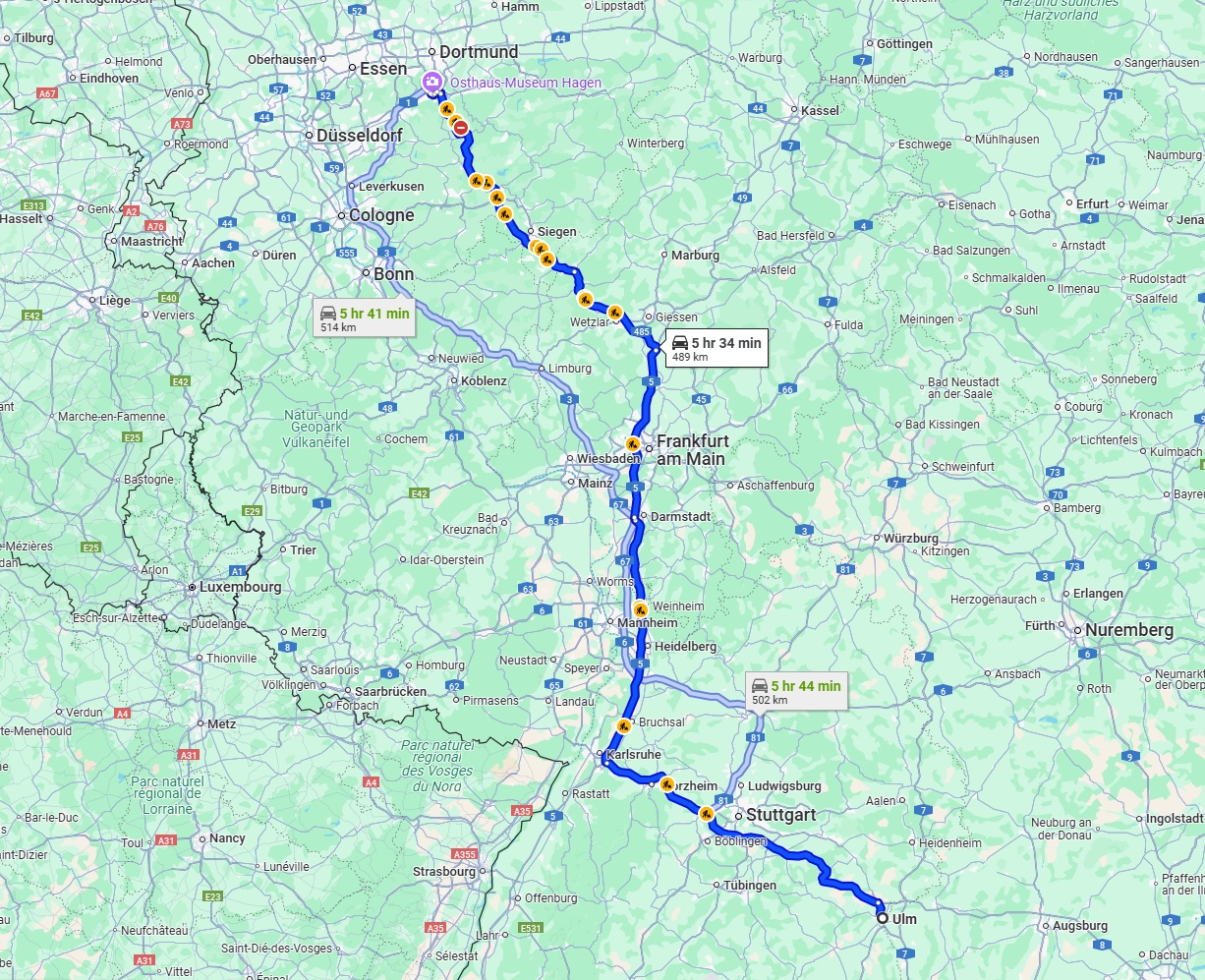Anreise von Ulm Zu Hagen Über via A8, A5 and A45