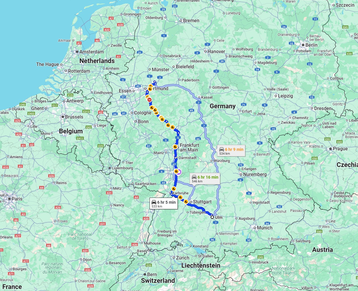 Anreise von Ulm Zu Hamm Über via A8, A5 and A45