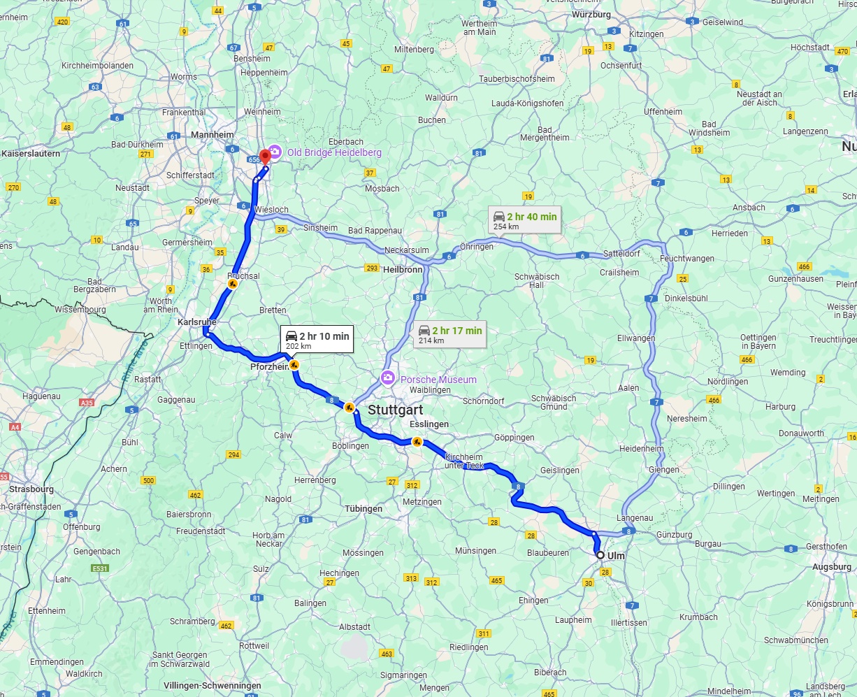 Anreise von Ulm Zu Heidelberg Über via A8