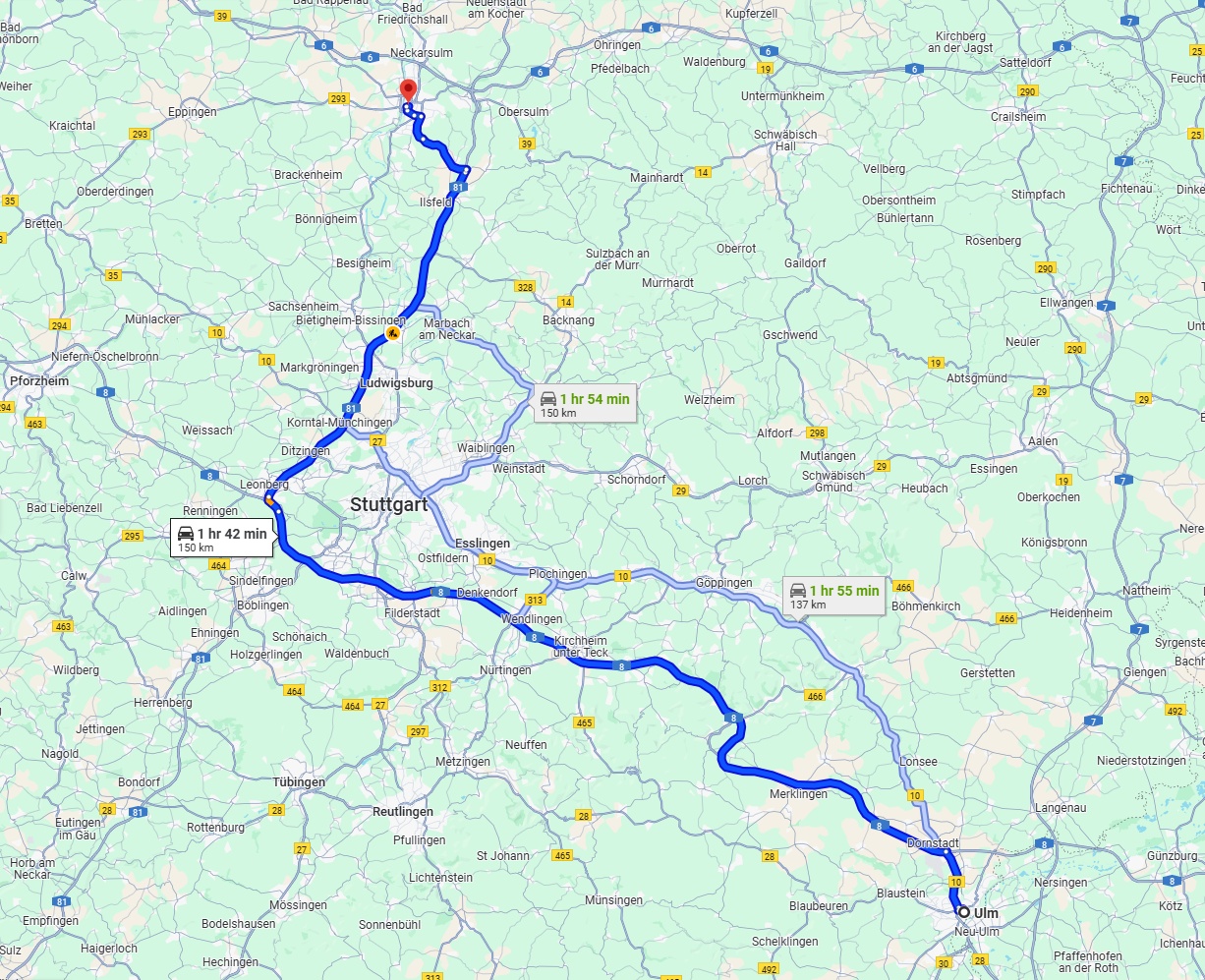 Anreise von Ulm Zu Heilbronn Über via A8 and A81