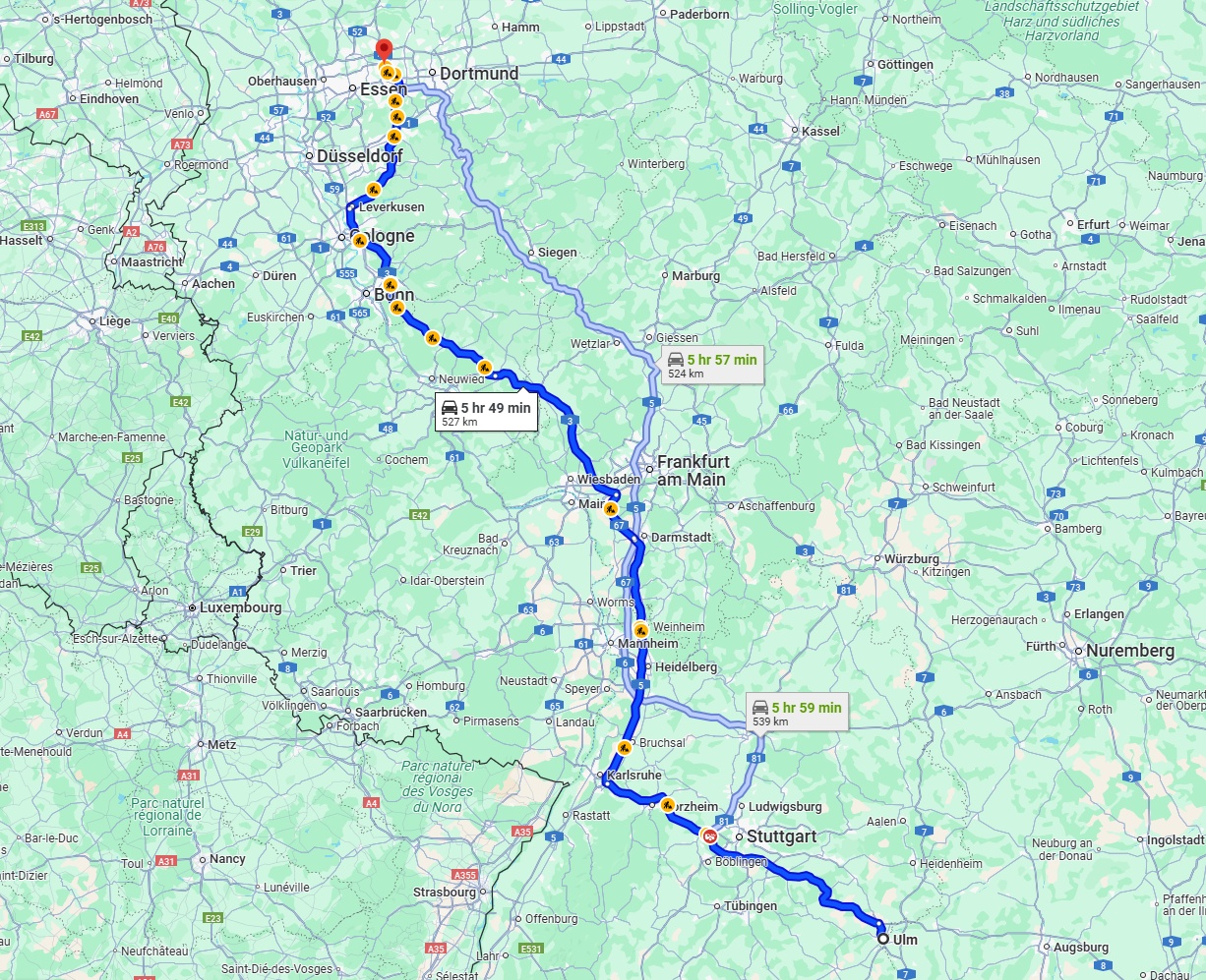 Anreise von Ulm Zu Herne Über via A8 and A3